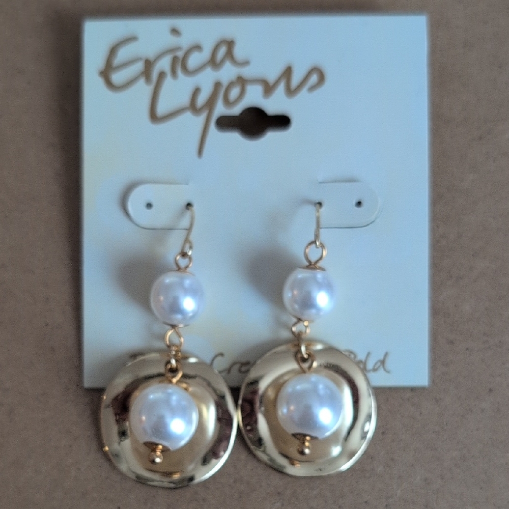 Erica Lyons Gold and White Pearl Drop Earrings